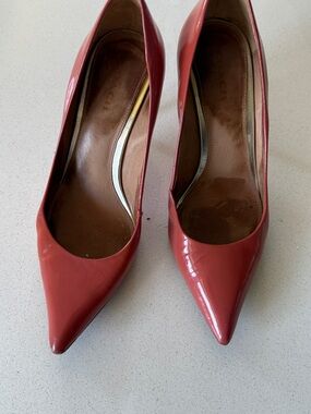 Coach Pointed-Toe Patent Leather Pumps in Coral Red
